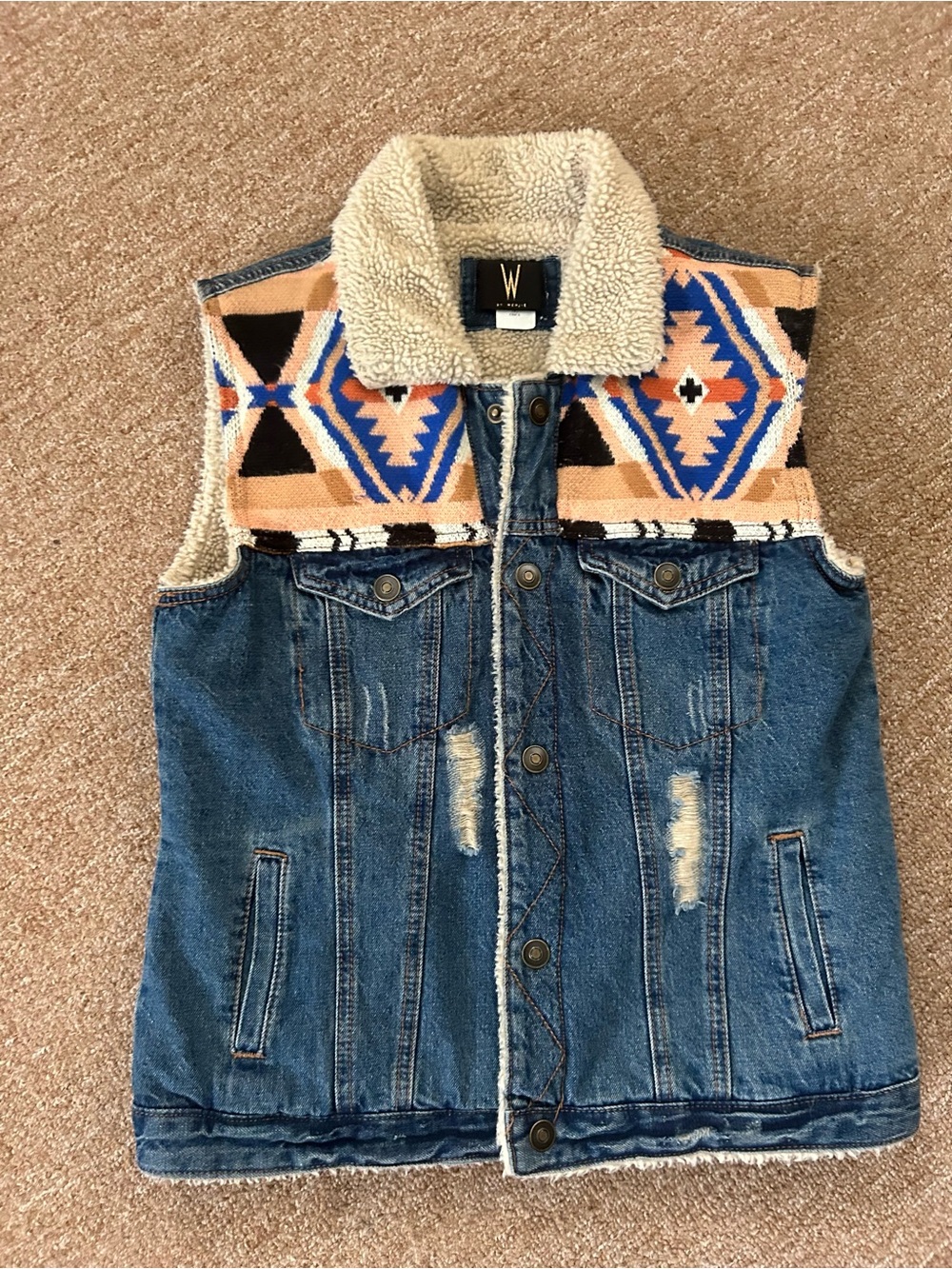 Blue Denim Sherpa Vest with Peach & Blue Aztec